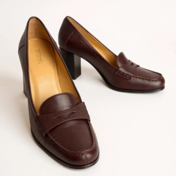 Michael Kors The Buchanan Burgundy Leather Penny Loafer Block Heels Size 11M - Picture 2 of 11